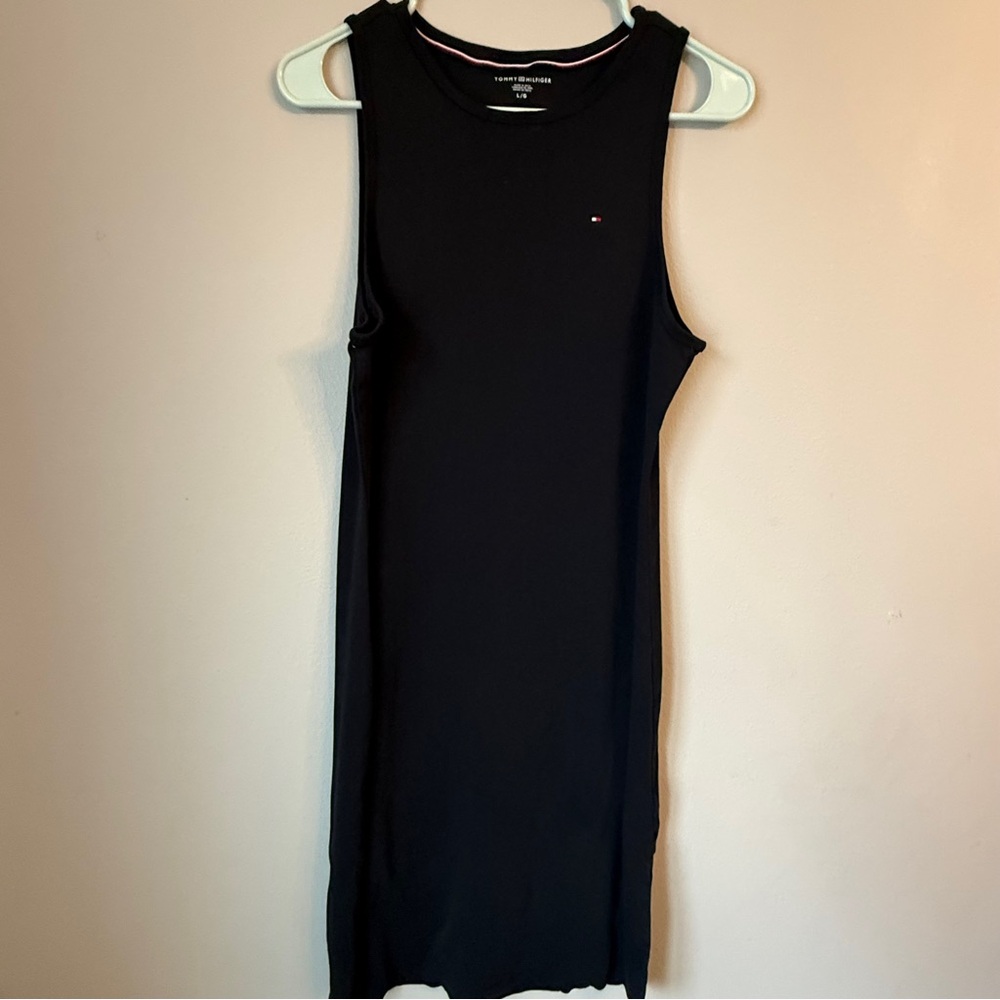 Tommy Hilfiger Black Sleeveless Ribbed Midi Dress with Flag Detail